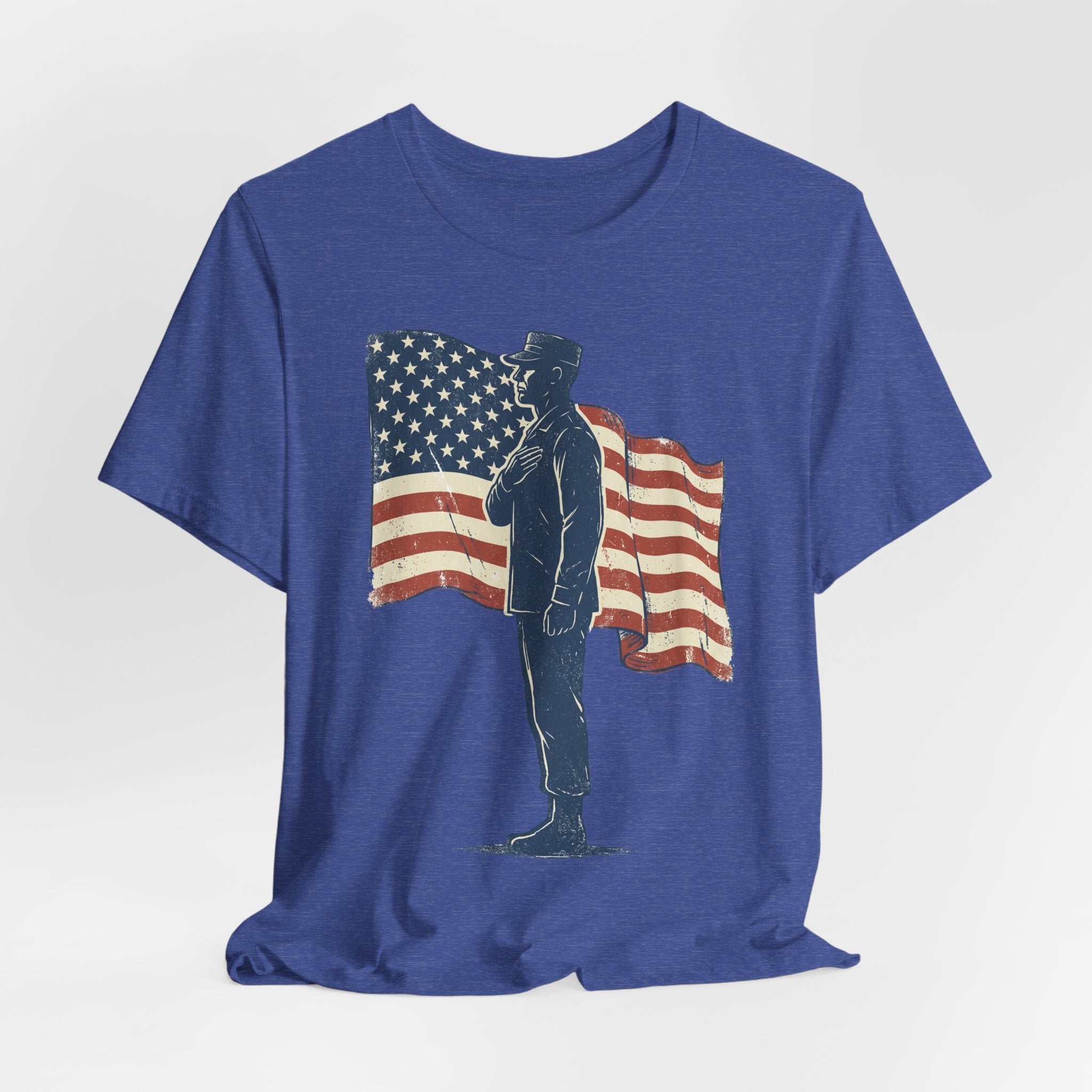 Royal blue T-shirt with saluting soldier and American flag graphic on the front