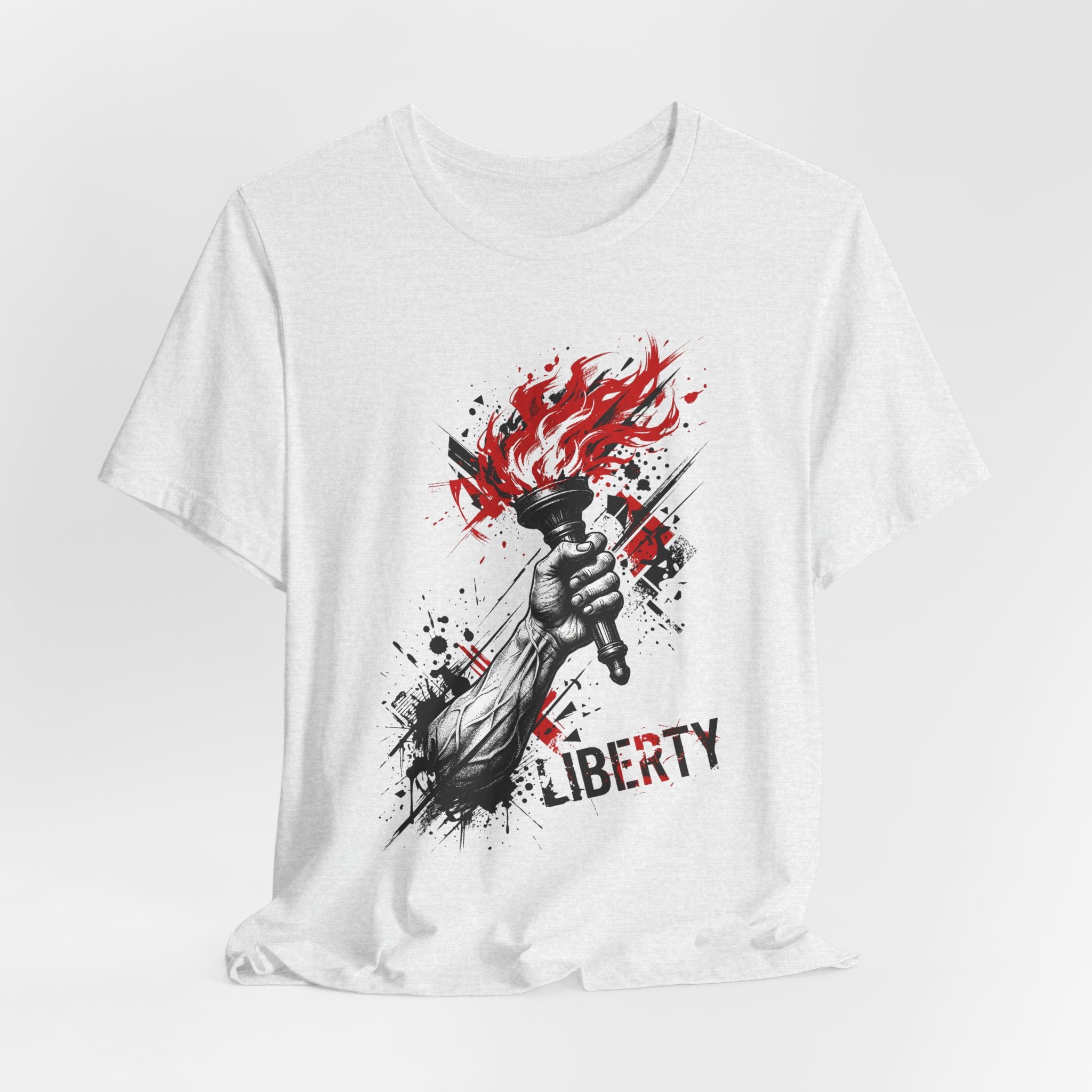 Light gray Liberty torch graphic t-shirt with red flames and black splatter, front view