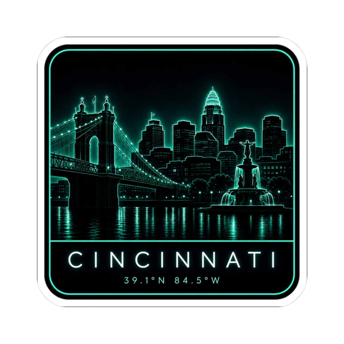 Rounded-square neon city skyline vinyl sticker with teal bridge and fountain