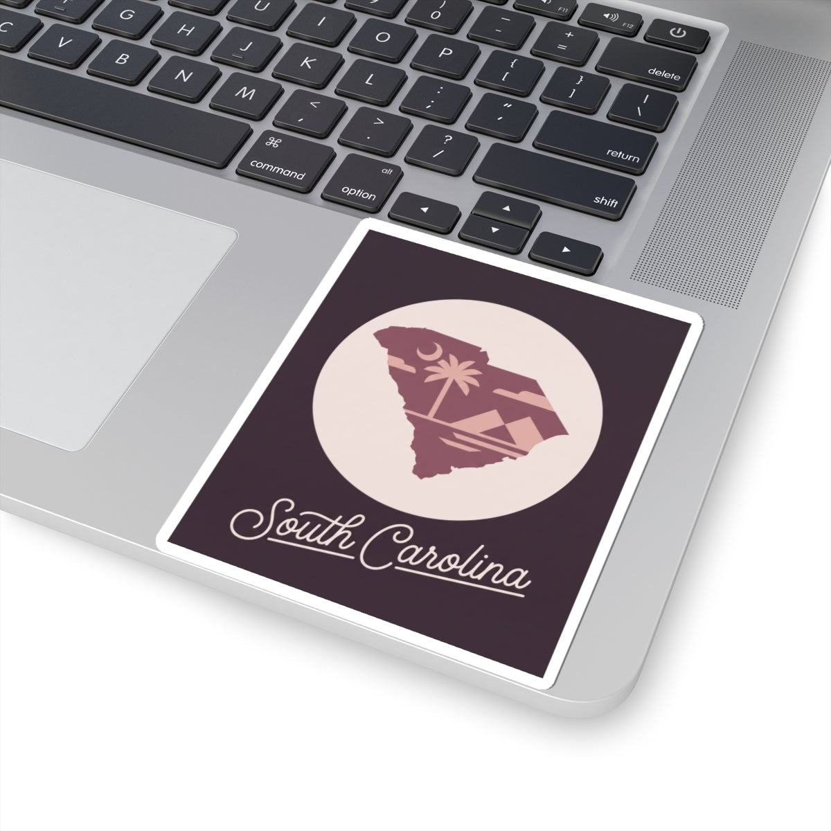 South Carolina sticker on a laptop lid with palm tree emblem and script name