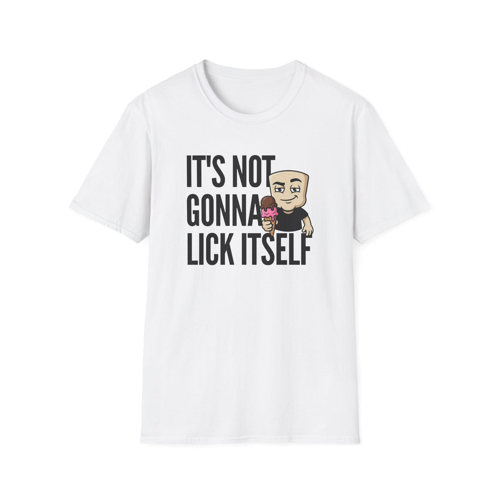 White graphic T-shirt with bold lettering and cartoon ice cream character