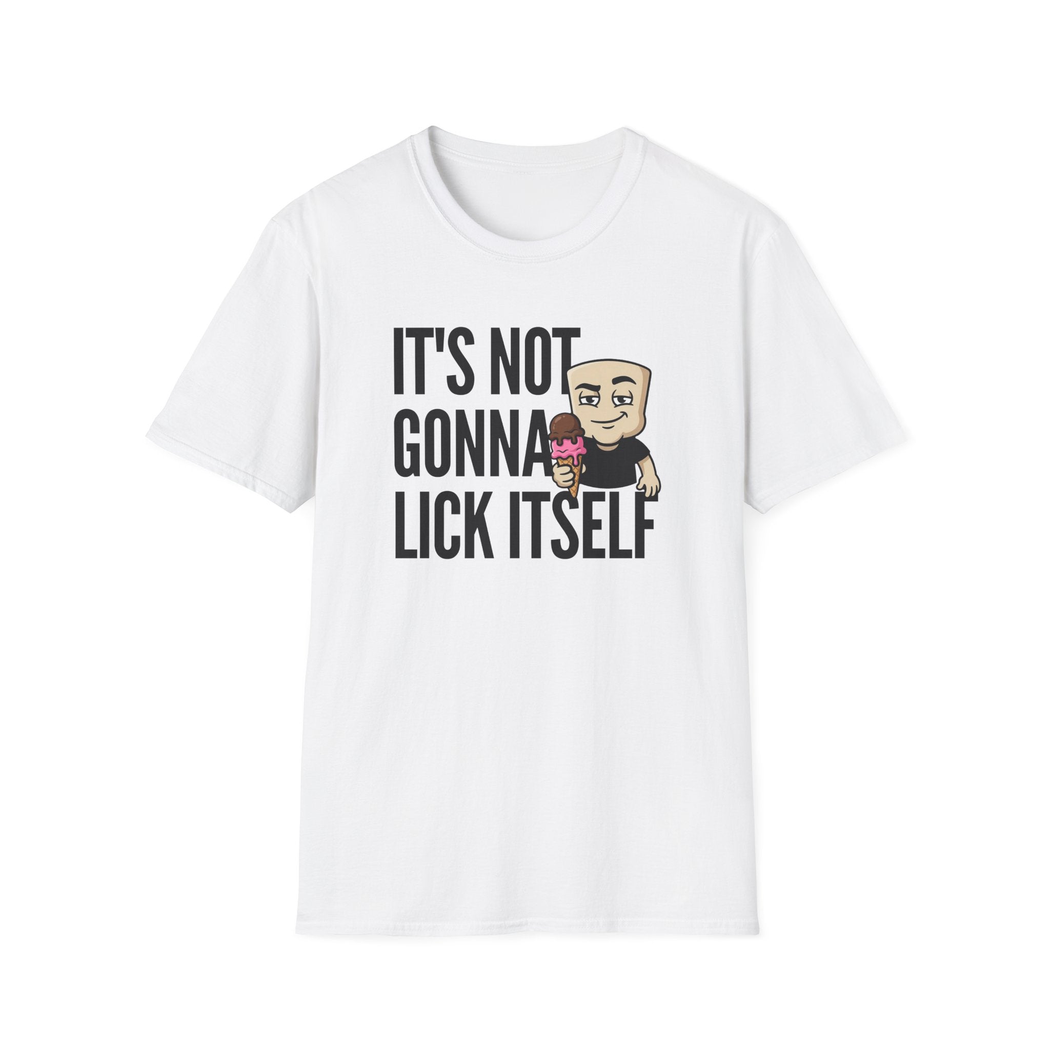 White graphic T-shirt with bold lettering and cartoon ice cream character