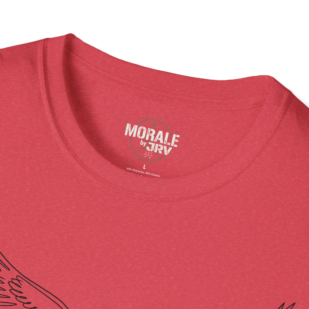 Heather Red T-shirt neckline with “MORALE by TR1” label