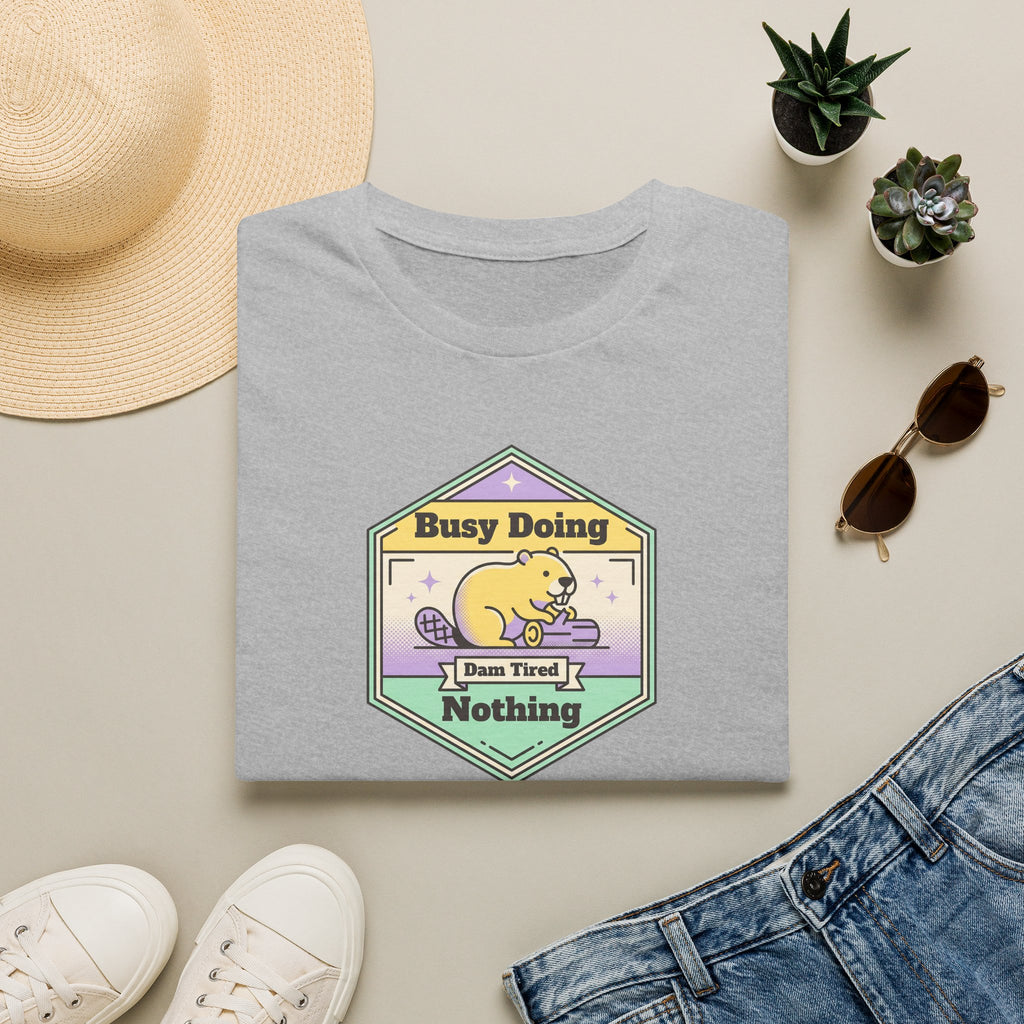 Light gray crew-neck T-shirt with hex sloth graphic: Busy Doing Nothing