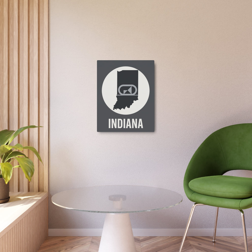 Indiana metal wall art on wall above a round table, retro camera icon emblem