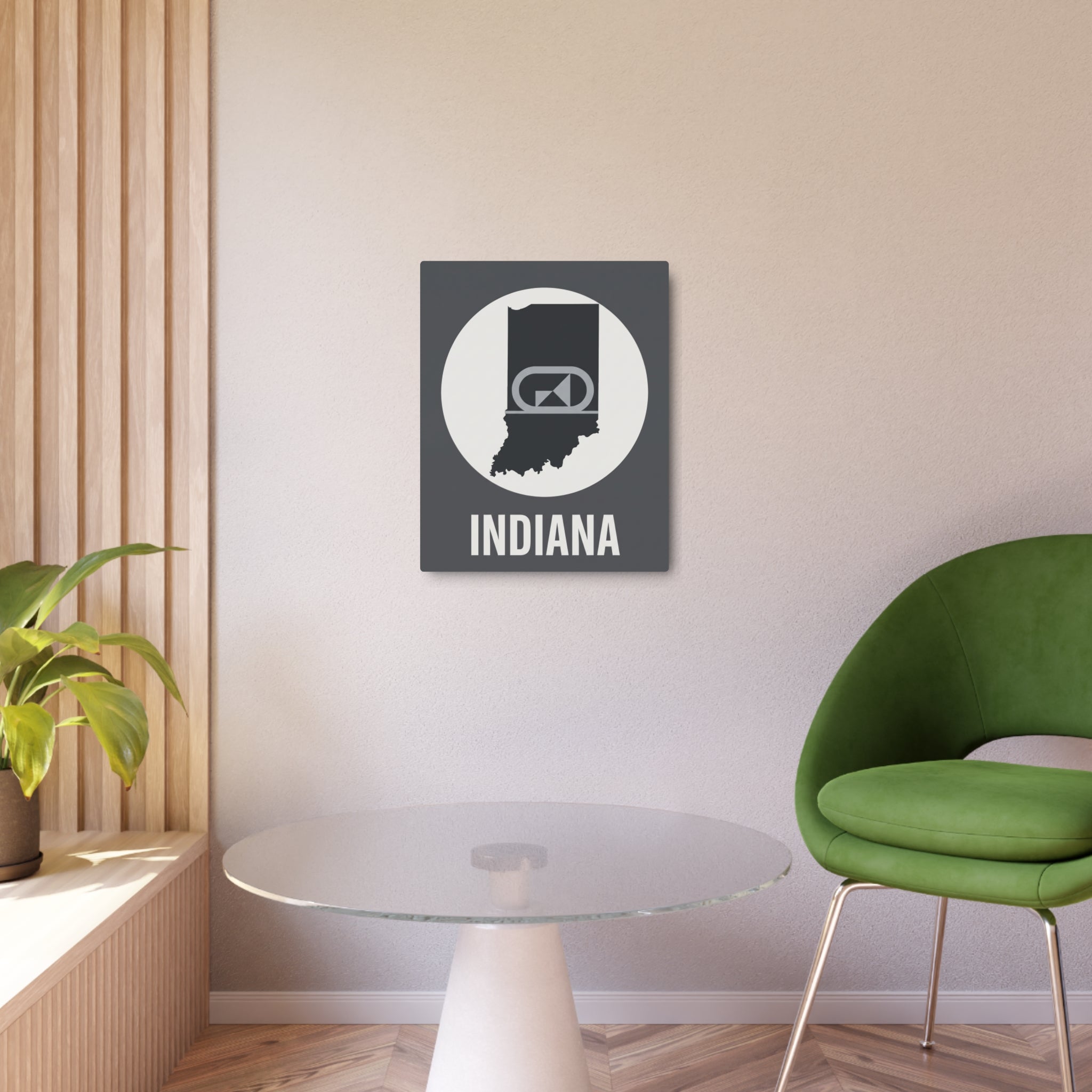 Indiana metal wall art on wall above a round table, retro camera icon emblem