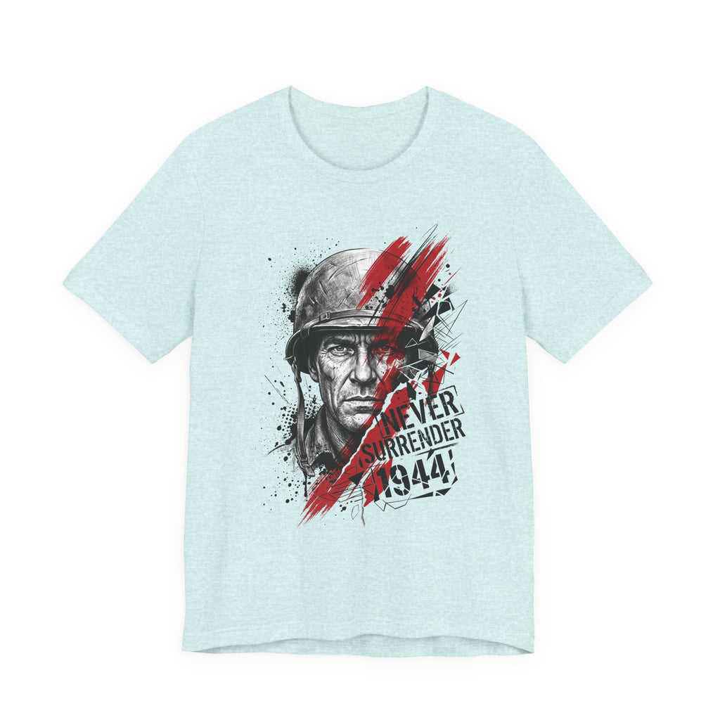 Light blue crewneck t-shirt with WWII veteran portrait graphic in red and black