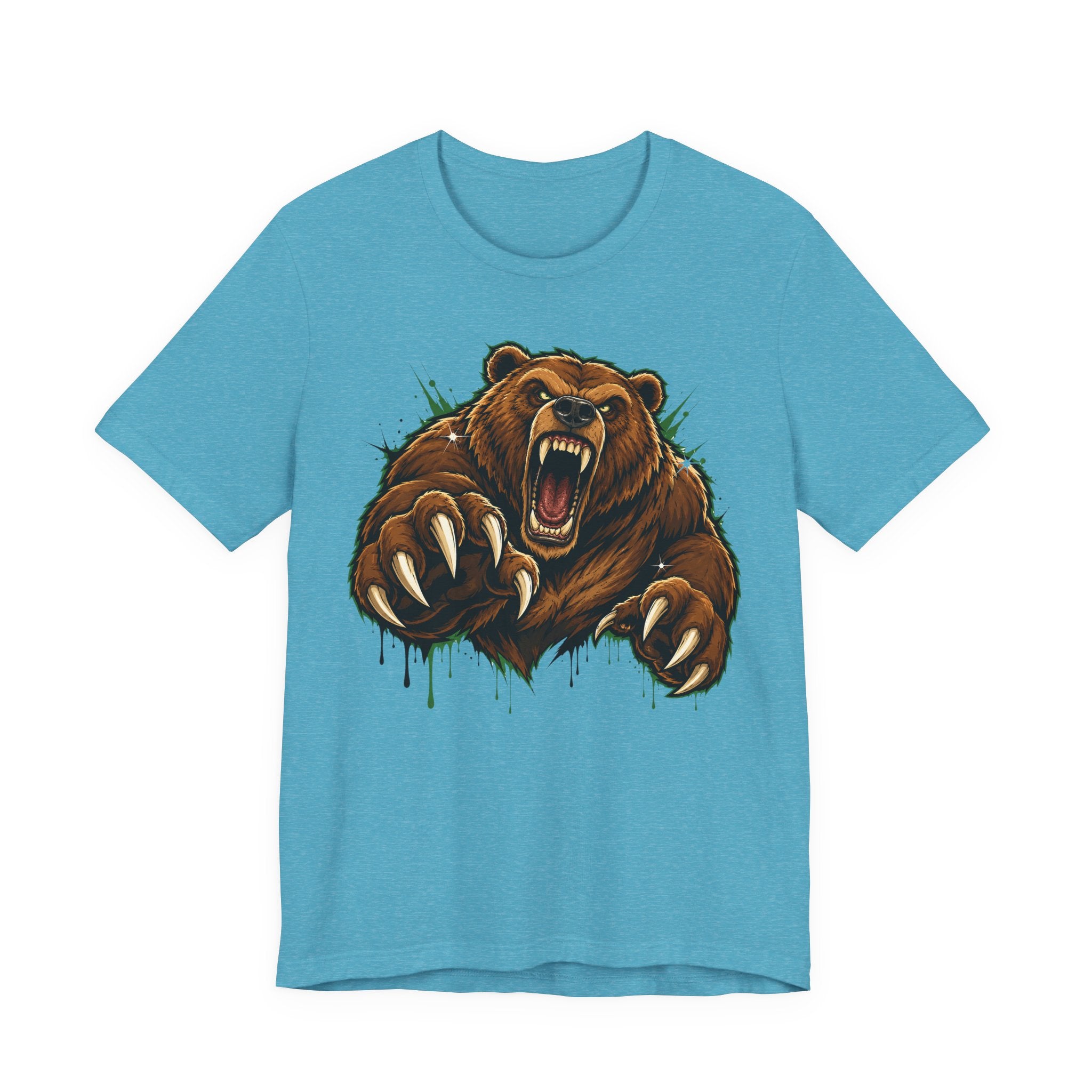 Light blue unisex tee with roaring grizzly bear graphic and claw splash detail