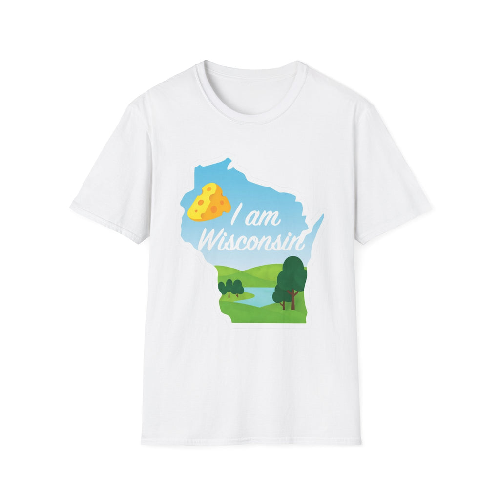 White T-shirt with Wisconsin outline graphic, cheese & landscape, “I am Wisconsin”