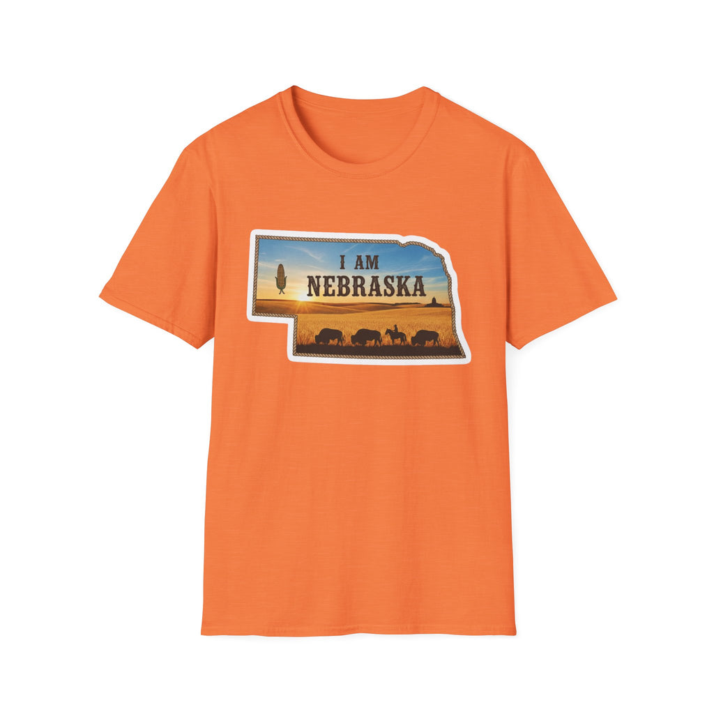 T-Shirt i am Nebraska, orange; Sonnenuntergangs-Silhouette mit Kühen und Schrift vorn