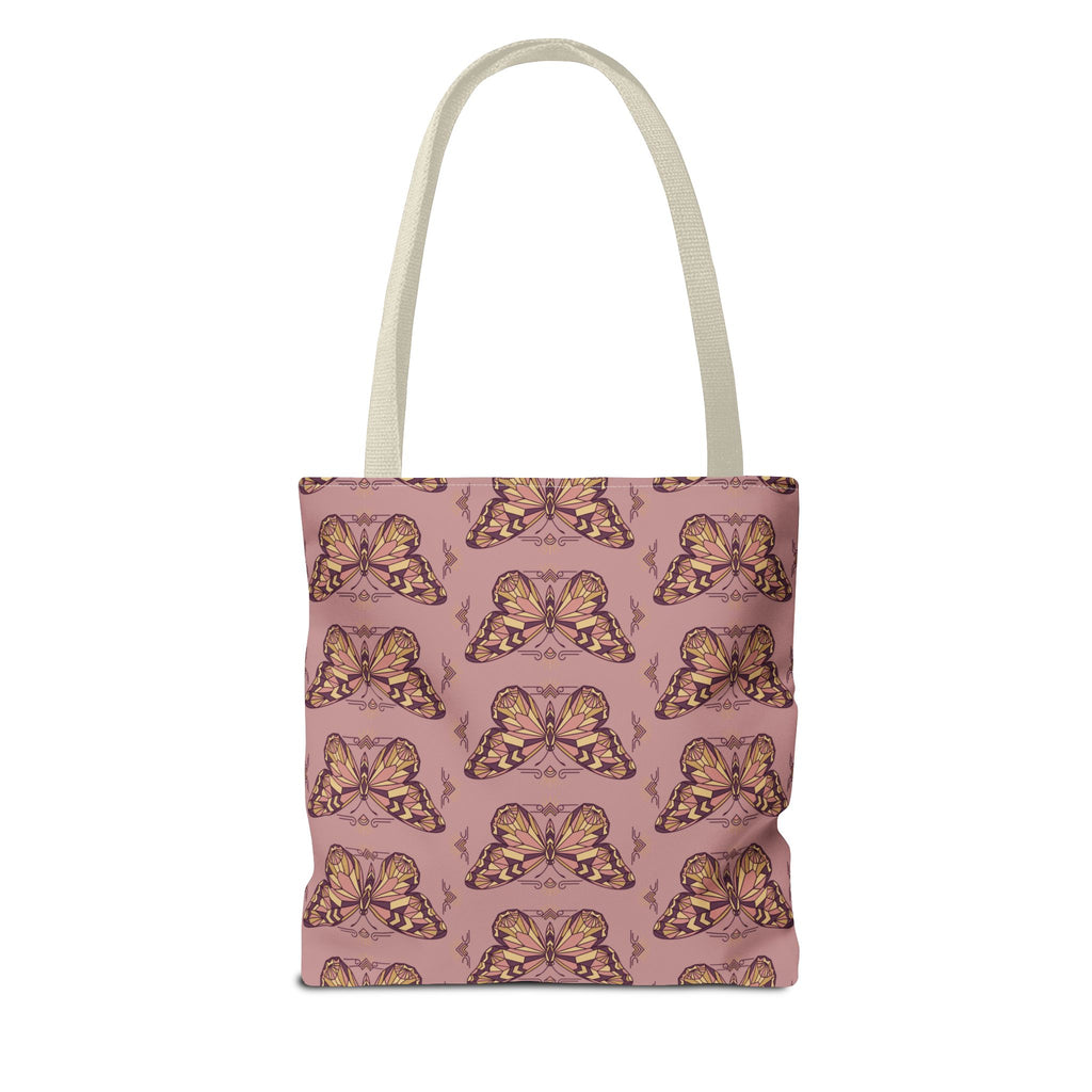 Pink butterfly print tote bag with light handles, centered front view.