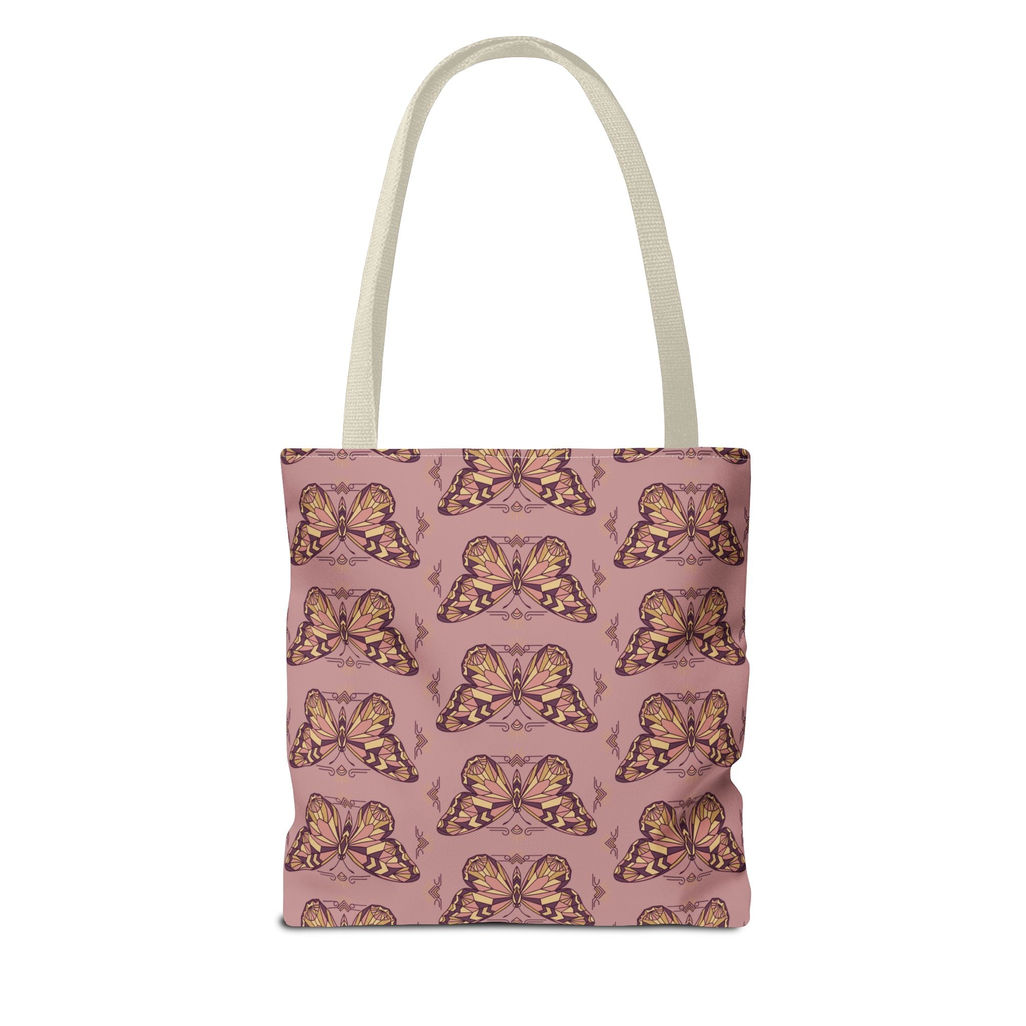 Pink butterfly print tote bag with light handles, centered front view.