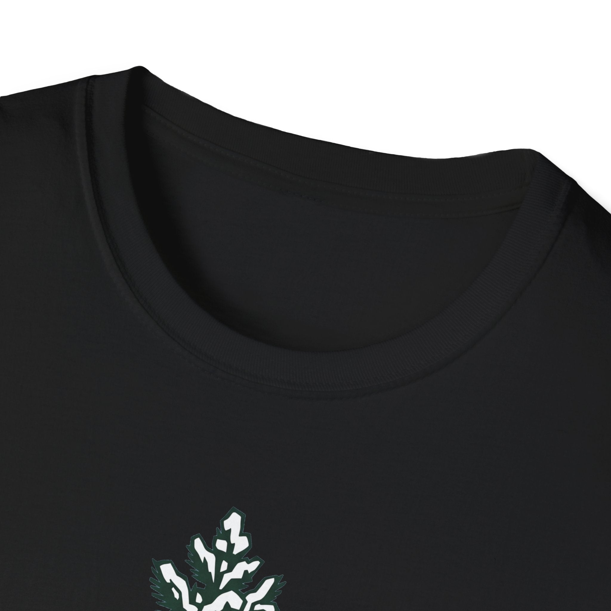 Black crew-neck t-shirt close-up of neckline and collar seam