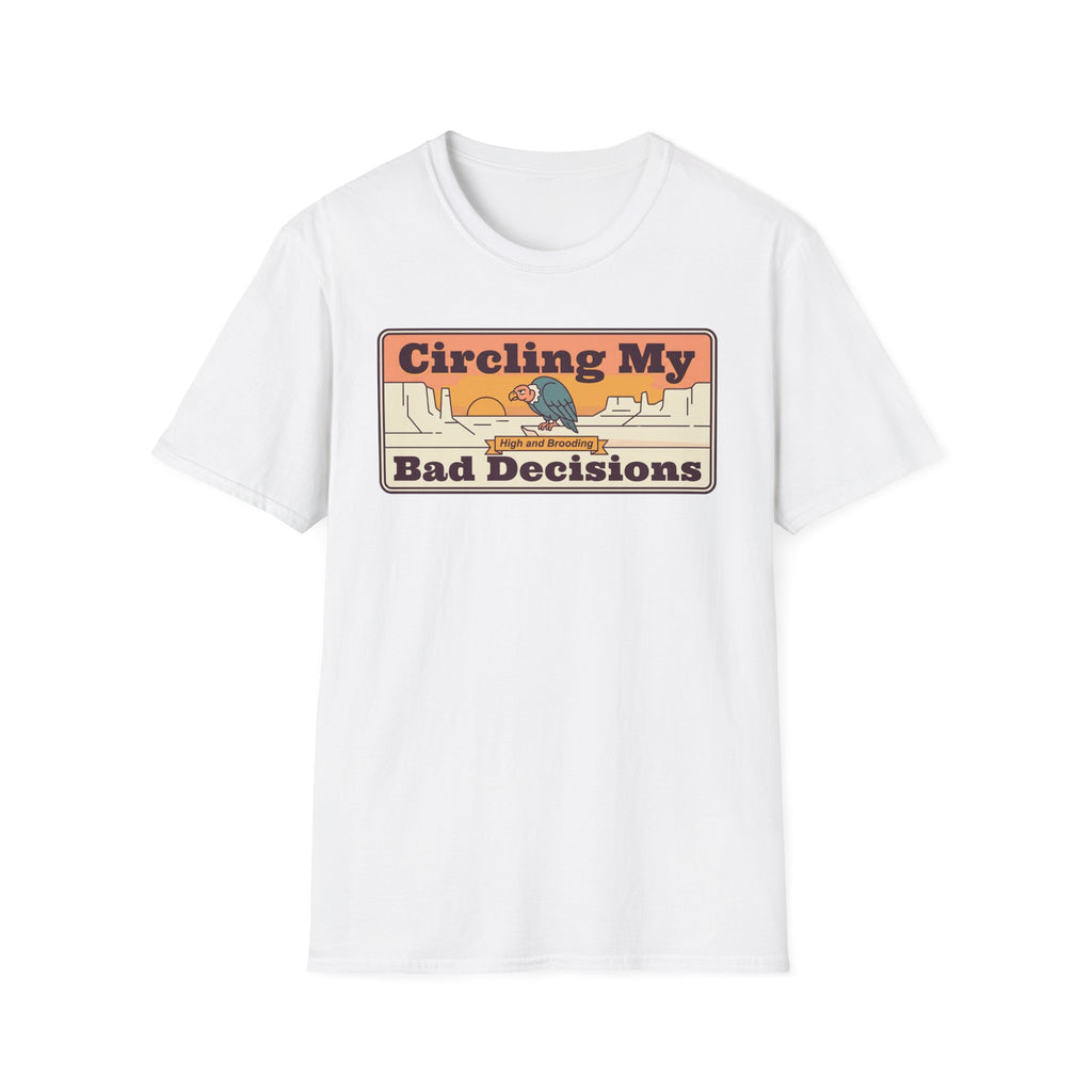 White crewneck T-shirt with retro vulture "Circling My Bad Decisions" chest graphic