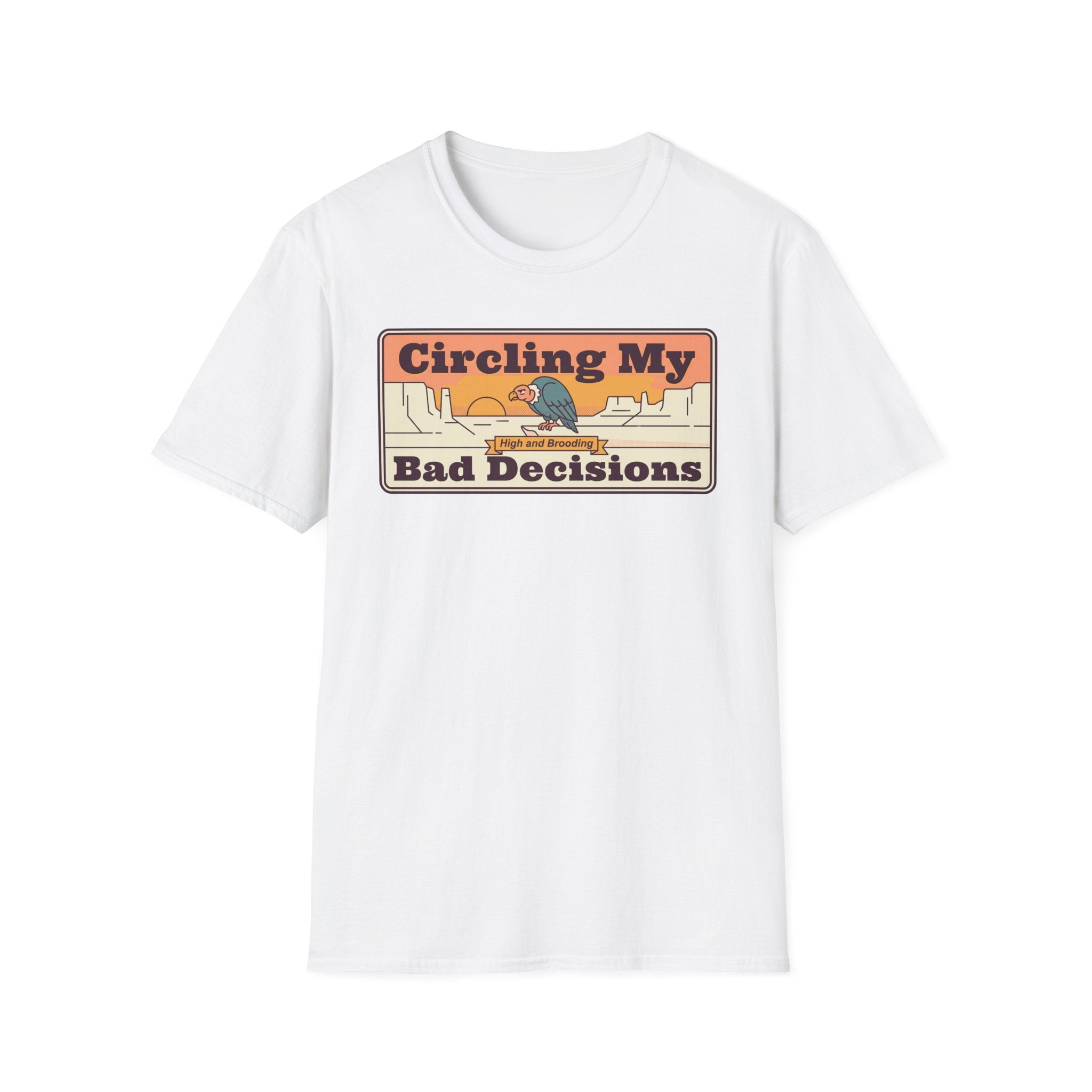 White crewneck T-shirt with retro vulture "Circling My Bad Decisions" chest graphic