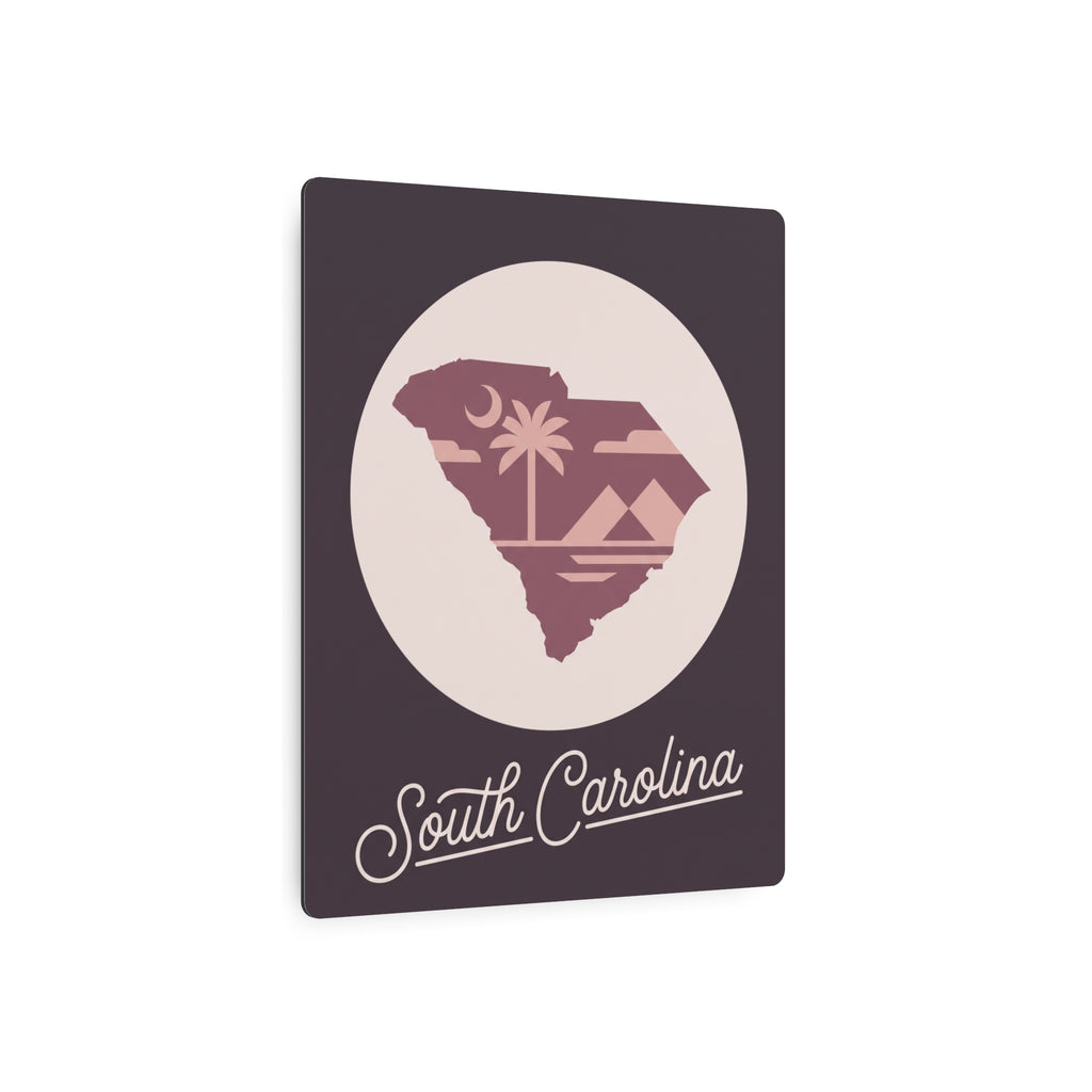 Mauve square metal wall art with circular South Carolina silhouette and script lettering