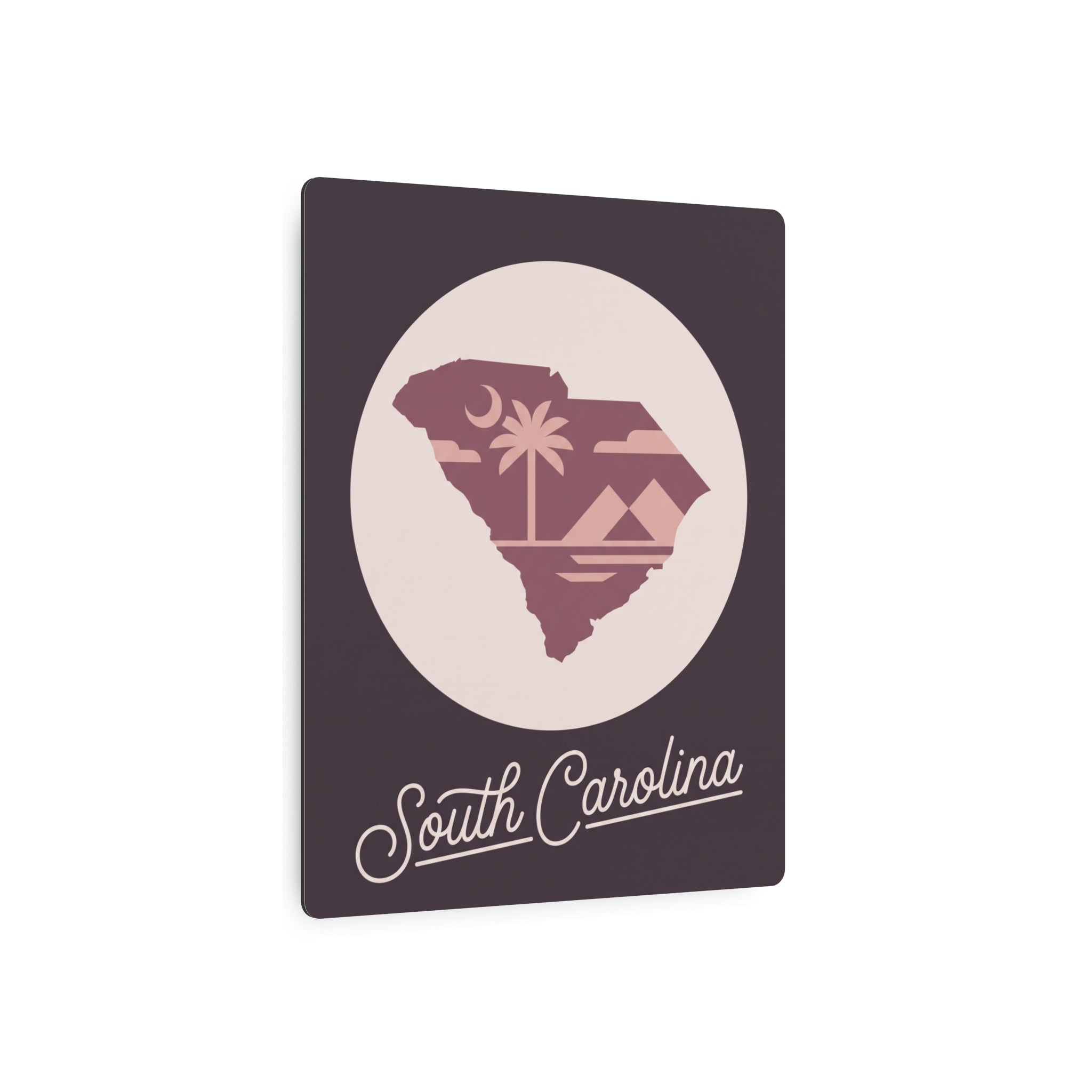 Mauve square metal wall art with circular South Carolina silhouette and script lettering