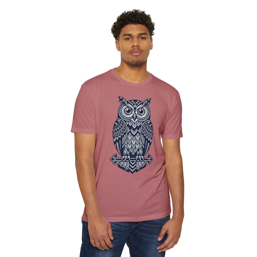 Rose graphic owl T-shirt with blue tribal owl design front