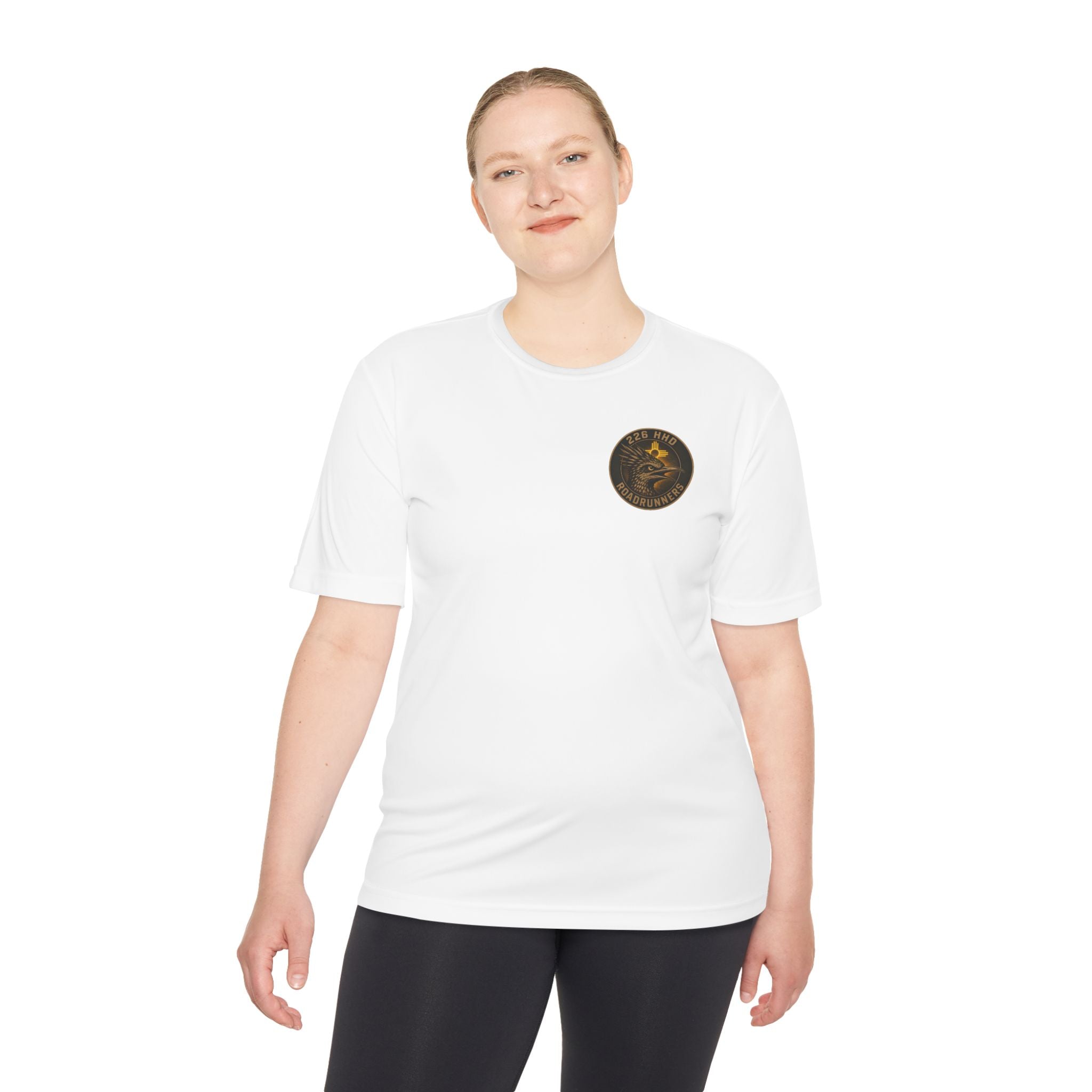 White polyester T-shirt with round chest emblem, worn by female model