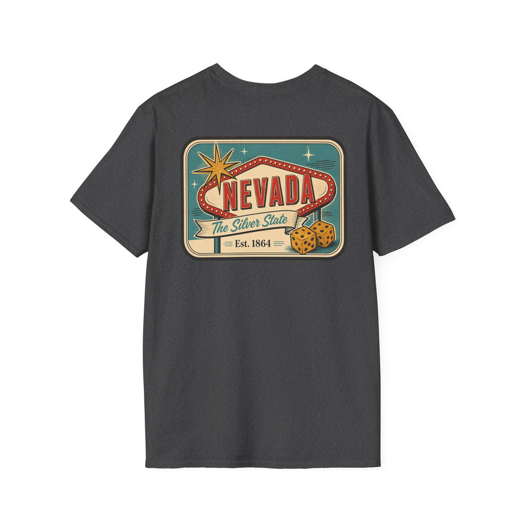 Dark gray T-shirt with Nevada luggage tag graphic print on the front