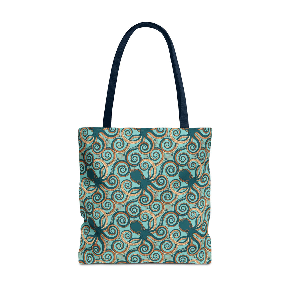 Octopus swirl tote bag with teal all-over print, navy handles