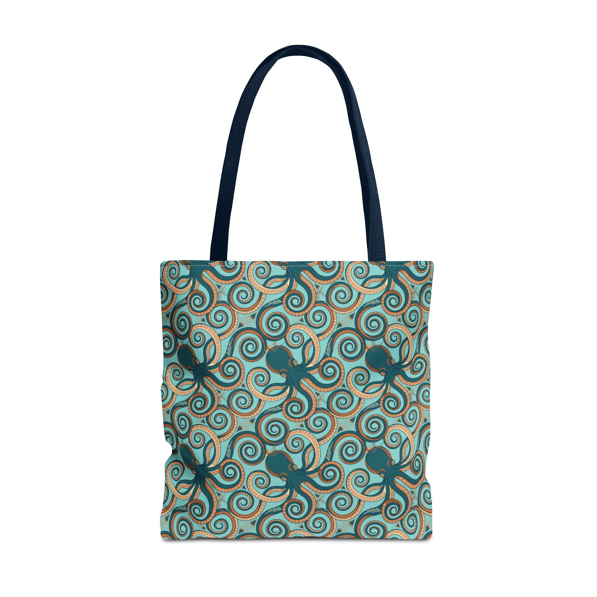 Octopus swirl tote bag with teal all-over print, navy handles