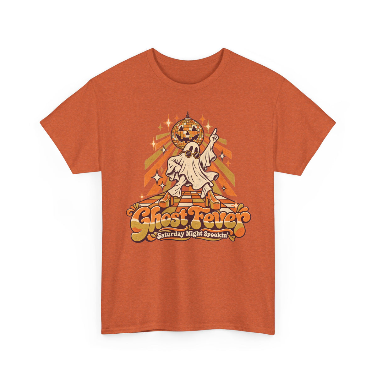 Orange Halloween graphic t-shirt with dancing ghost, disco ball, and jack-o-lantern art