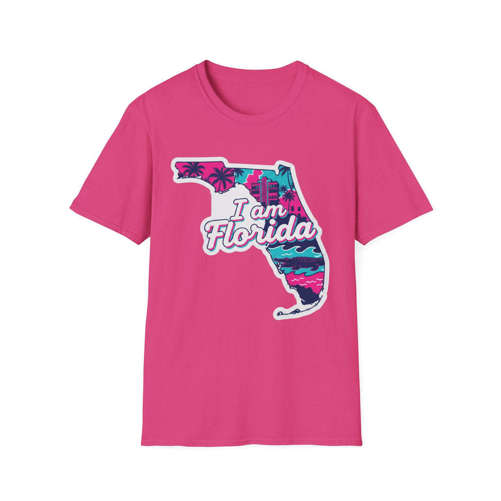 Pink Florida graphic T-shirt, 'I am Florida' text over state map illustration