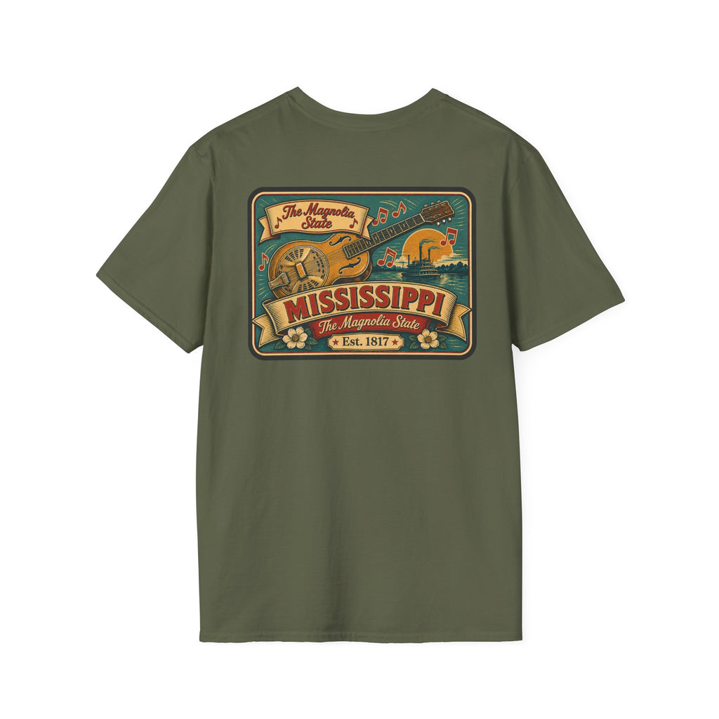 Olive Mississippi Riverboat T-shirt with colorful Mississippi front graphic