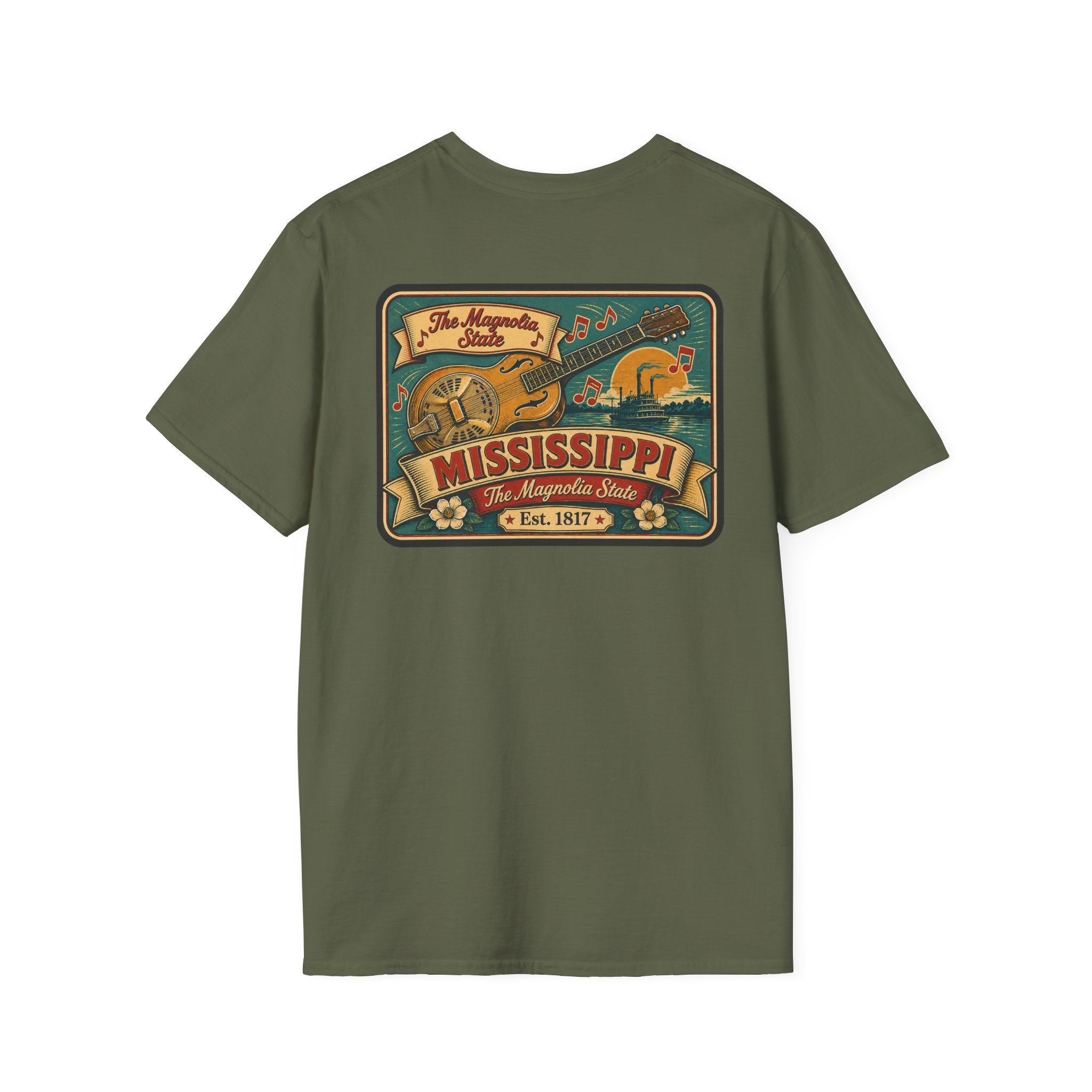 Olive Mississippi Riverboat T-shirt with colorful Mississippi front graphic