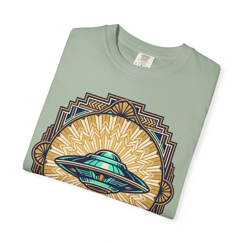 Seafoam green crew-neck t-shirt with retro UFO graphic over a golden sunburst.