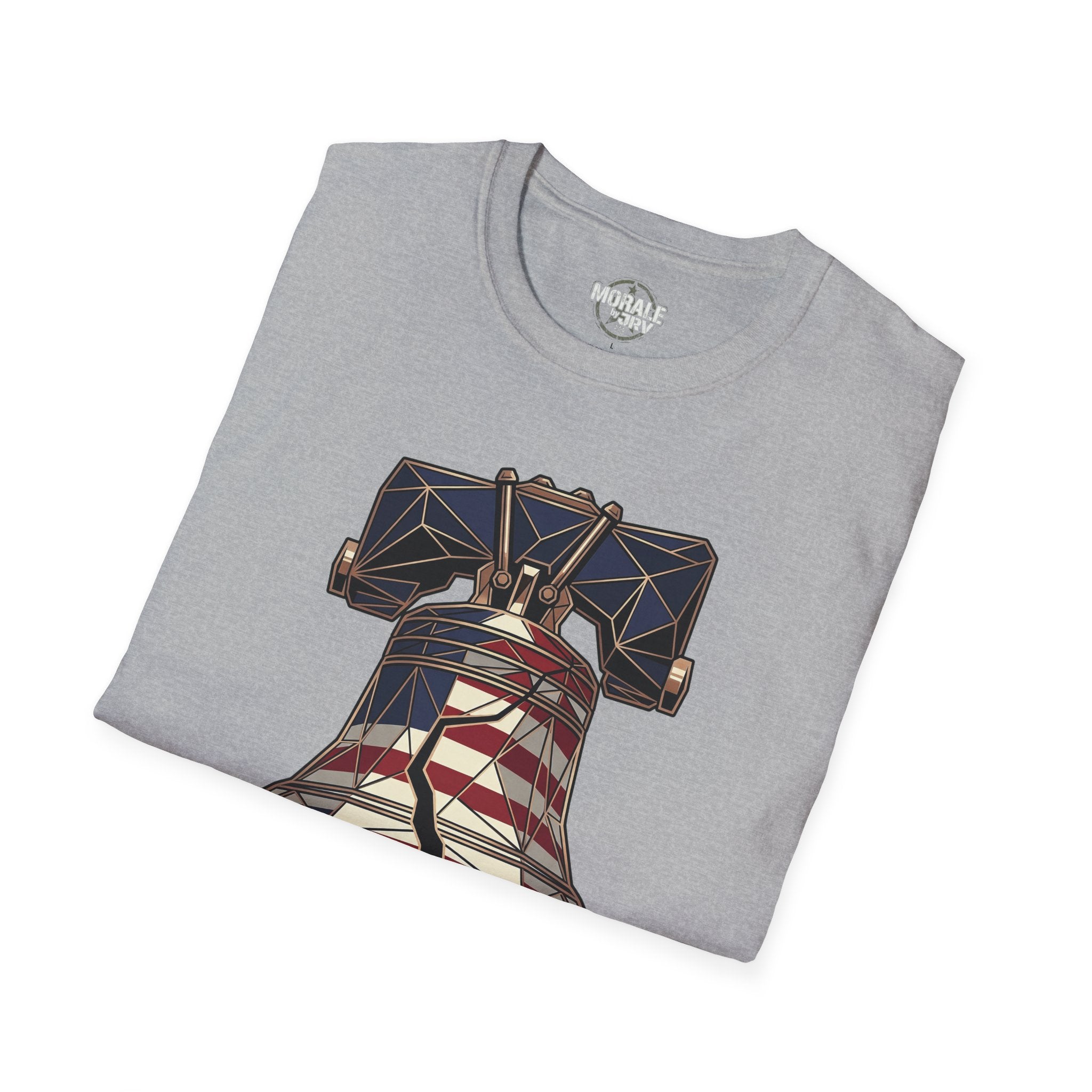 Light gray T-shirt with liberty bell, geometric flag art, and “1776”