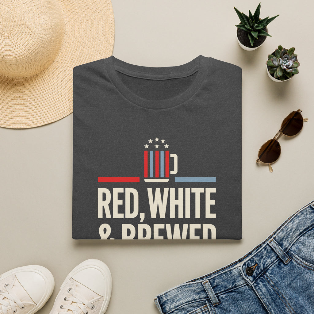 Dark gray T-shirt with patriotic beer mug graphic and text “RED, WHITE & BREWED”