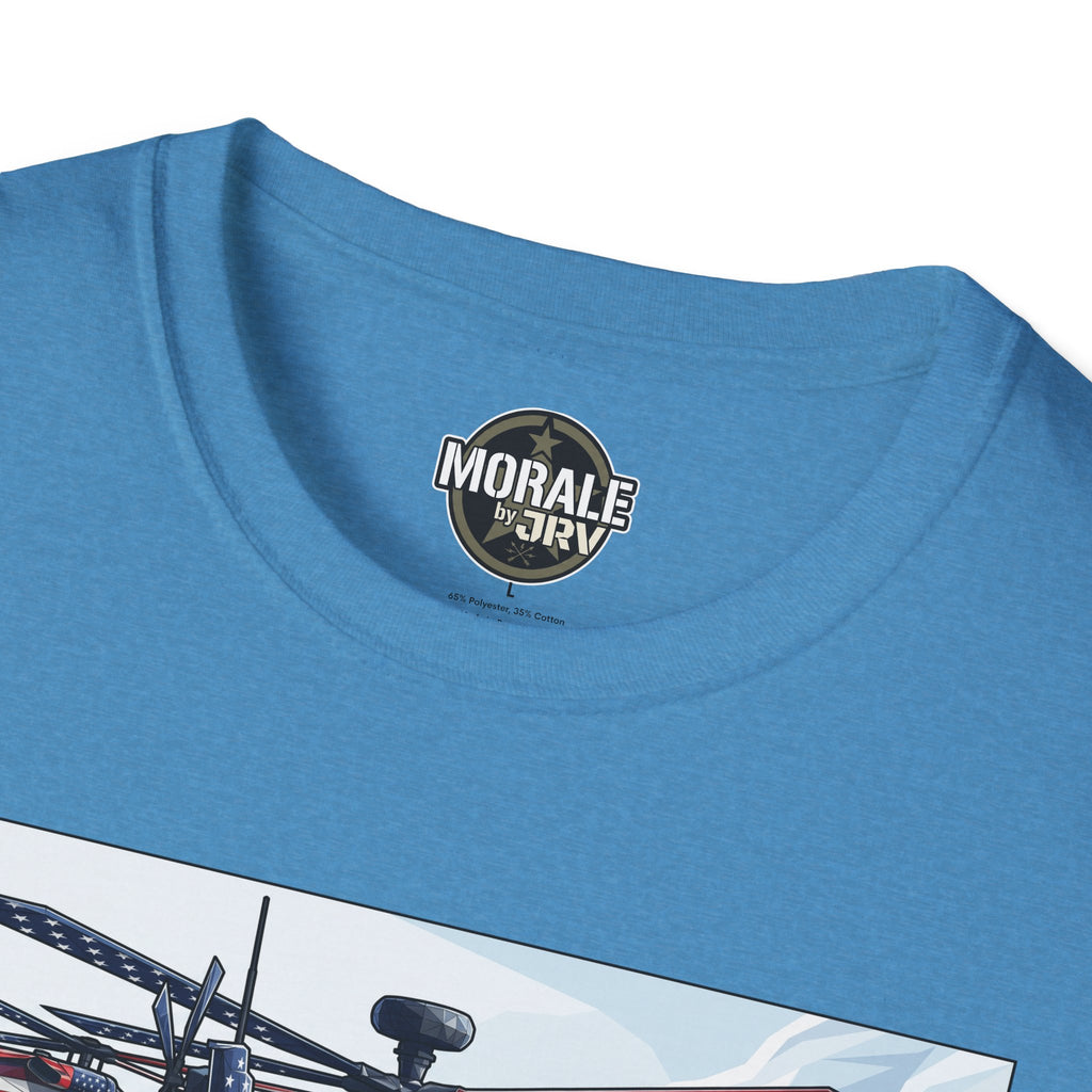 Blue crew-neck T-shirt with round logo on neckline