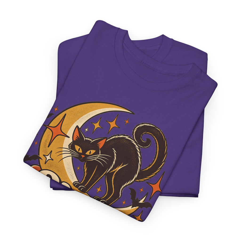 Hex Appeal Black Cat T-Shirt, Retro Crescent Moon Witchy Halloween Shirt for Women and Men, Funny Spooky Cat Lover Tee