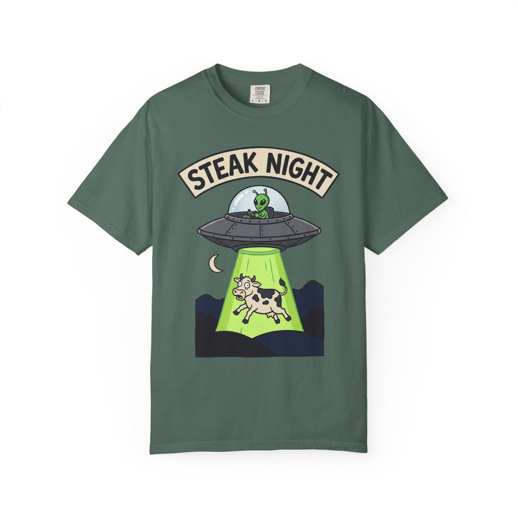 Green T-shirt with “Steak Night” alien and cow graphic