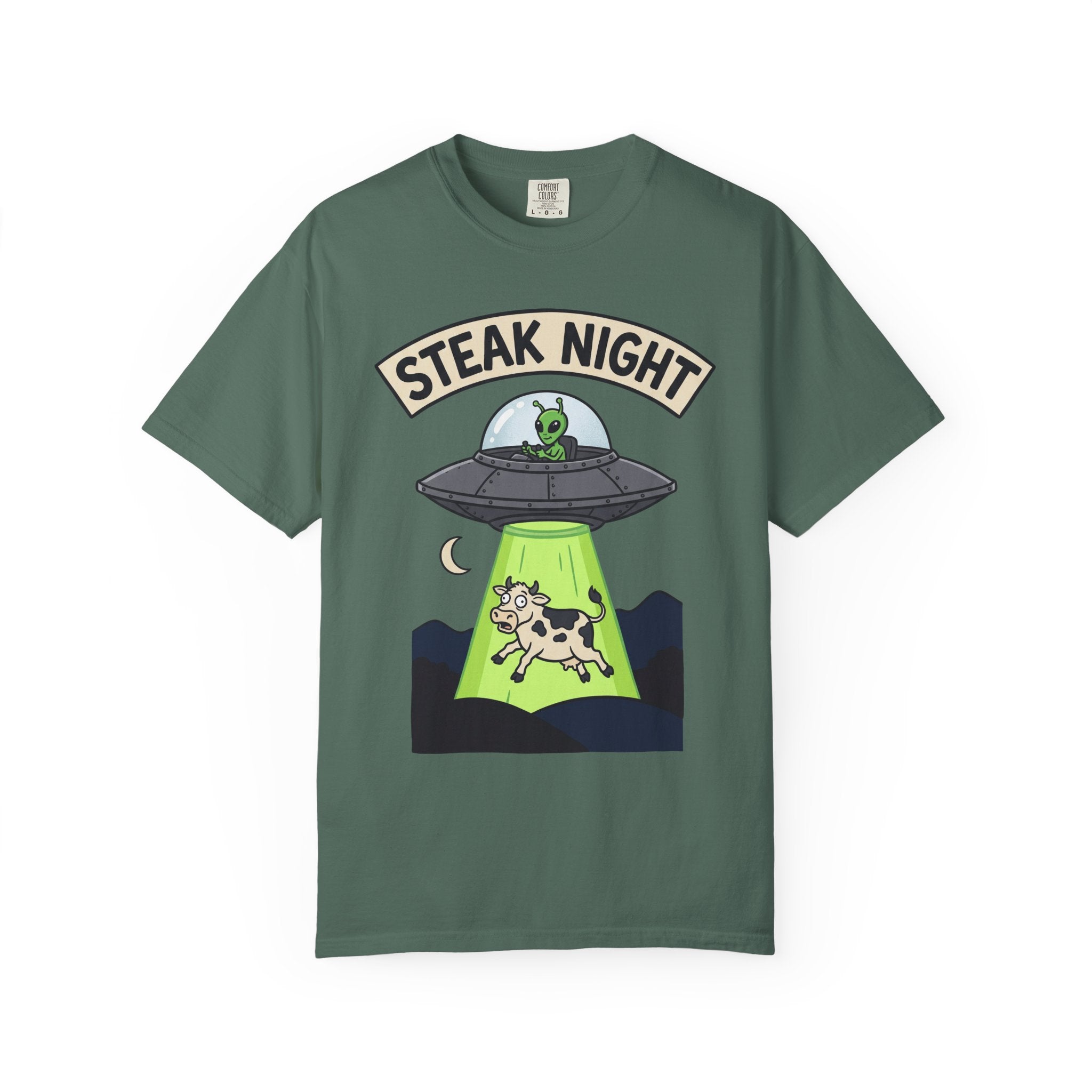 Green T-shirt with “Steak Night” alien and cow graphic