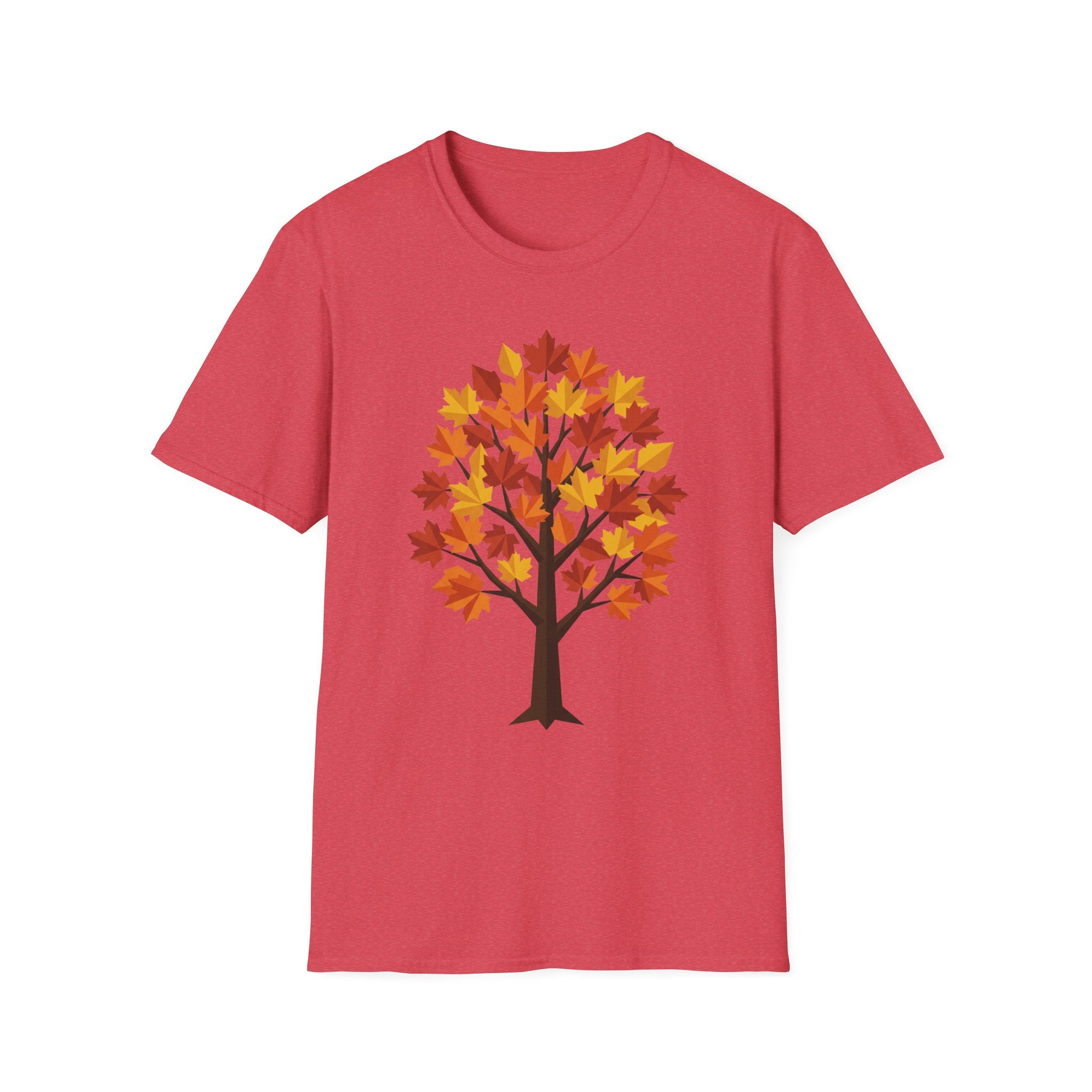 Camiseta roja con árbol de arce otoñal y hojas coloridas en el centro