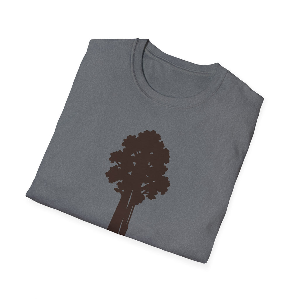 Graphite Heather T-shirt with dark tree silhouette graphic on chest
