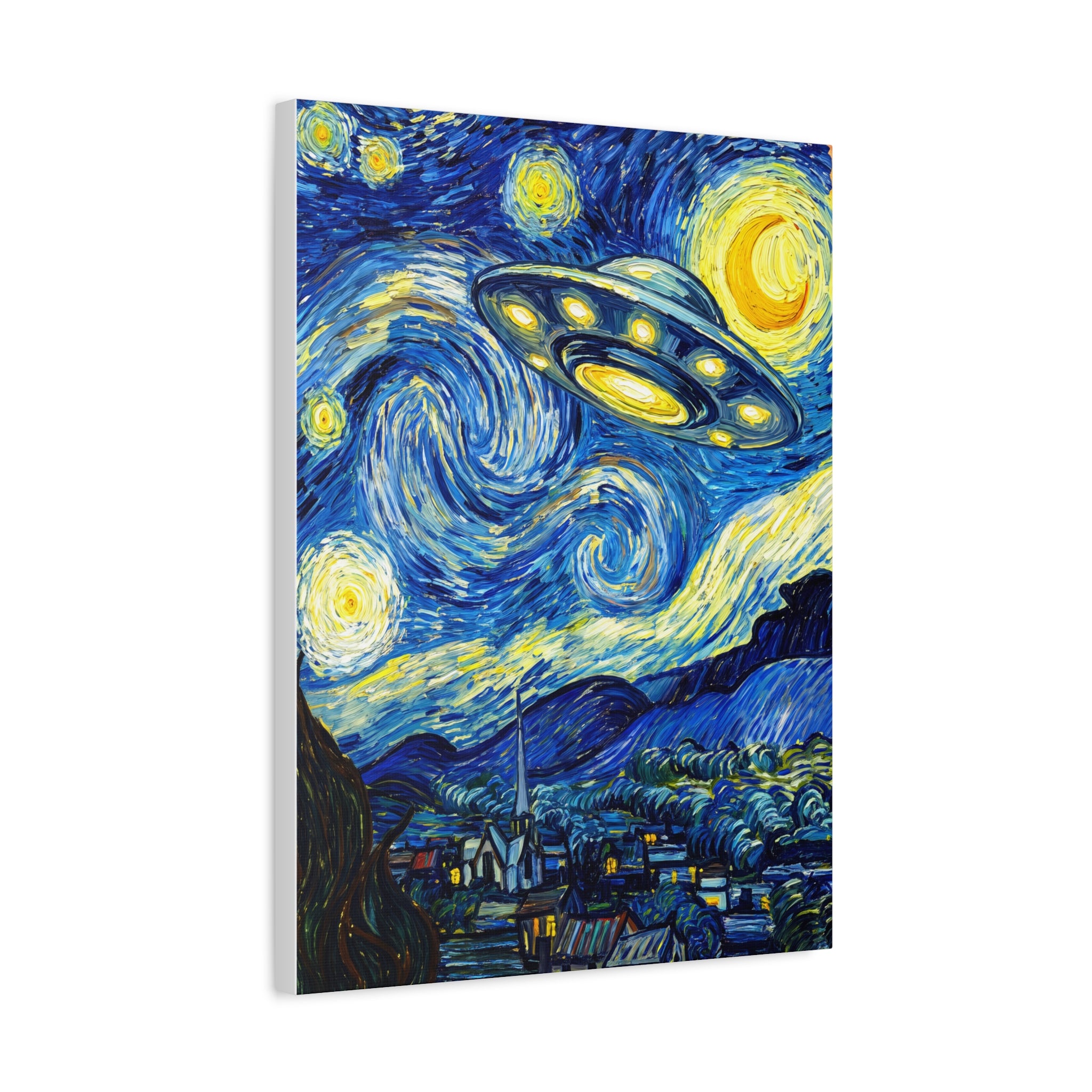 Matte stretched wall art showing a glowing yellow UFO over blue city night scene
