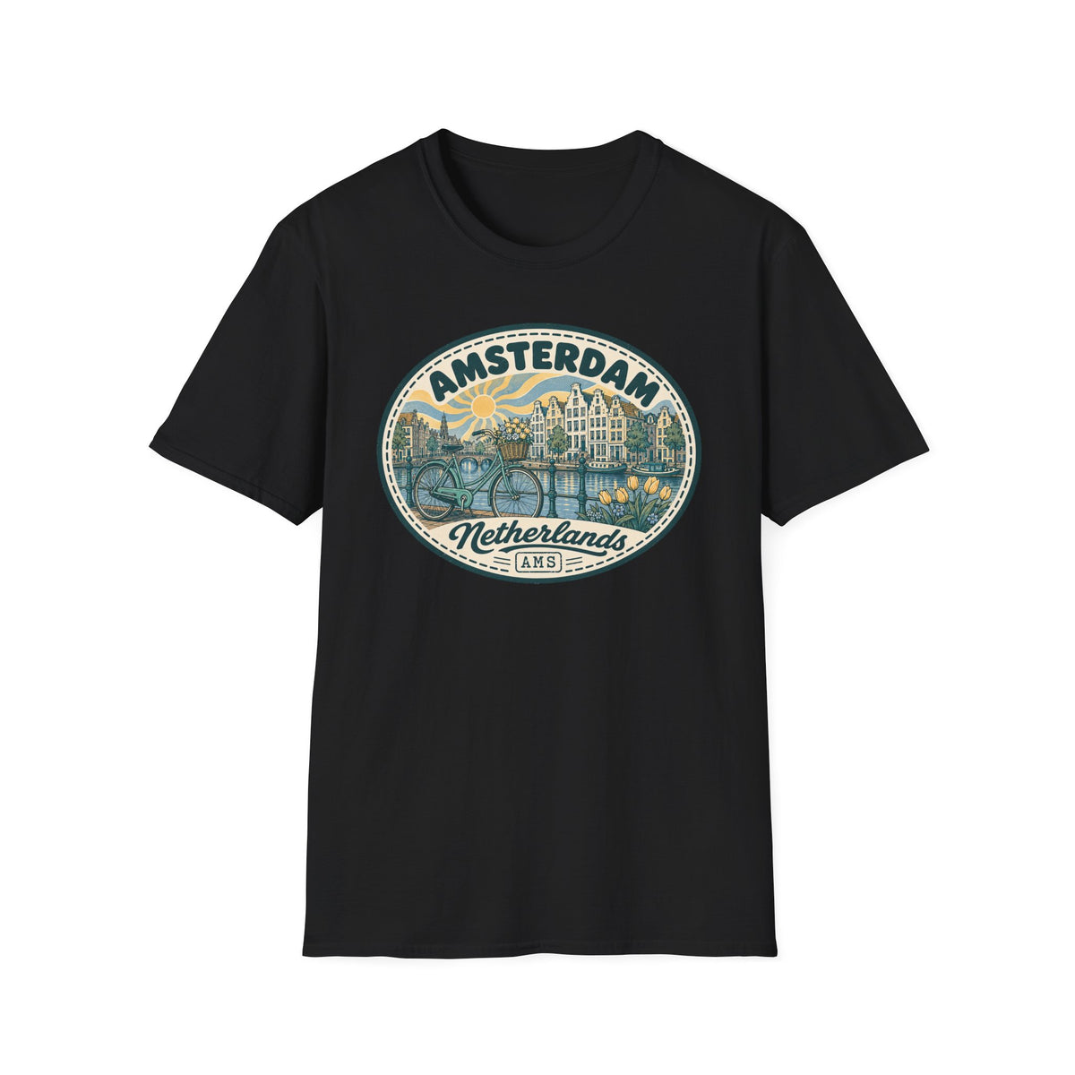 Amsterdam Vintage Cityscape T-Shirt | Netherlands Bicycle Canal Tulips