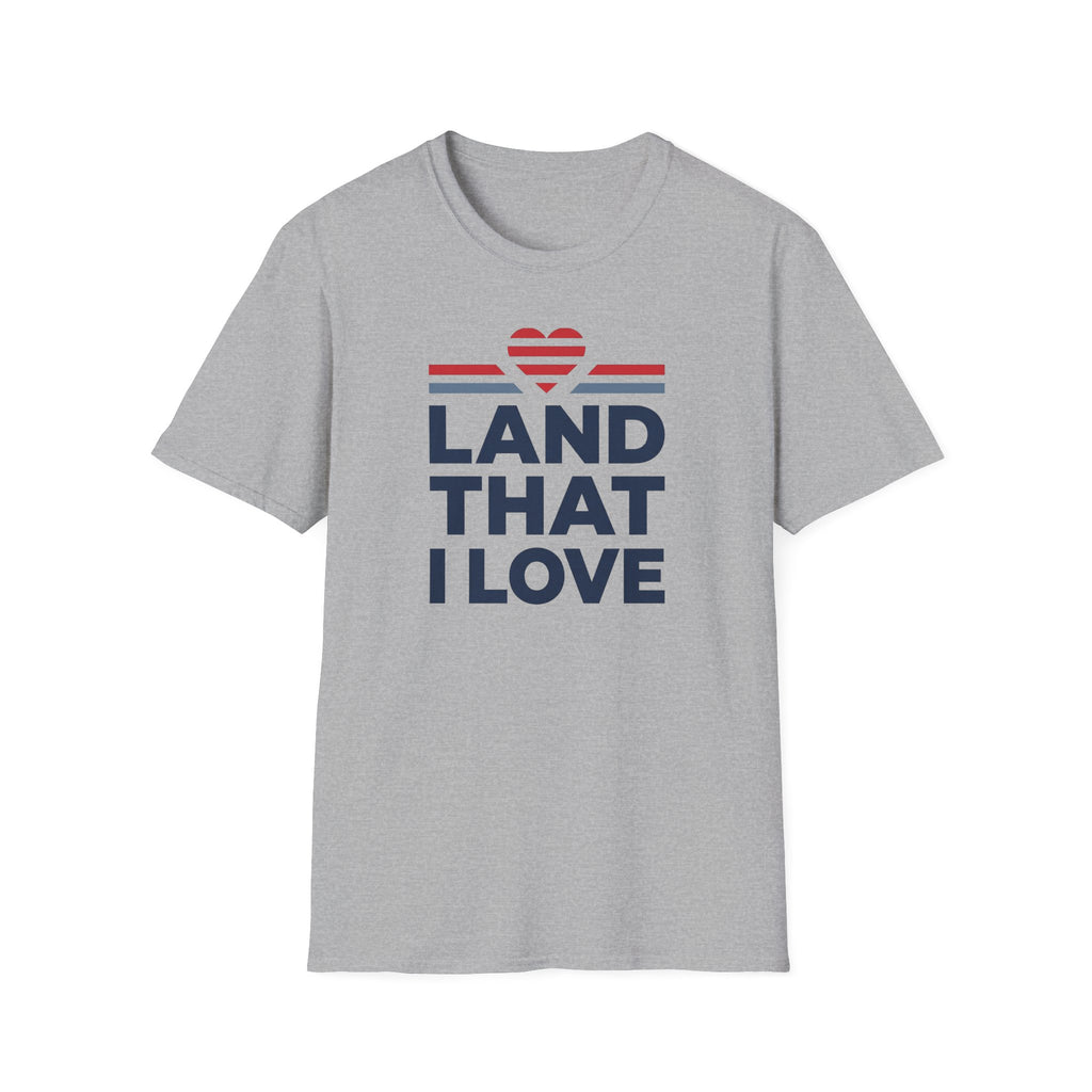 Gray T-shirt with “LAND THAT I LOVE” graphic, red heart above blue stripes, crew neck.