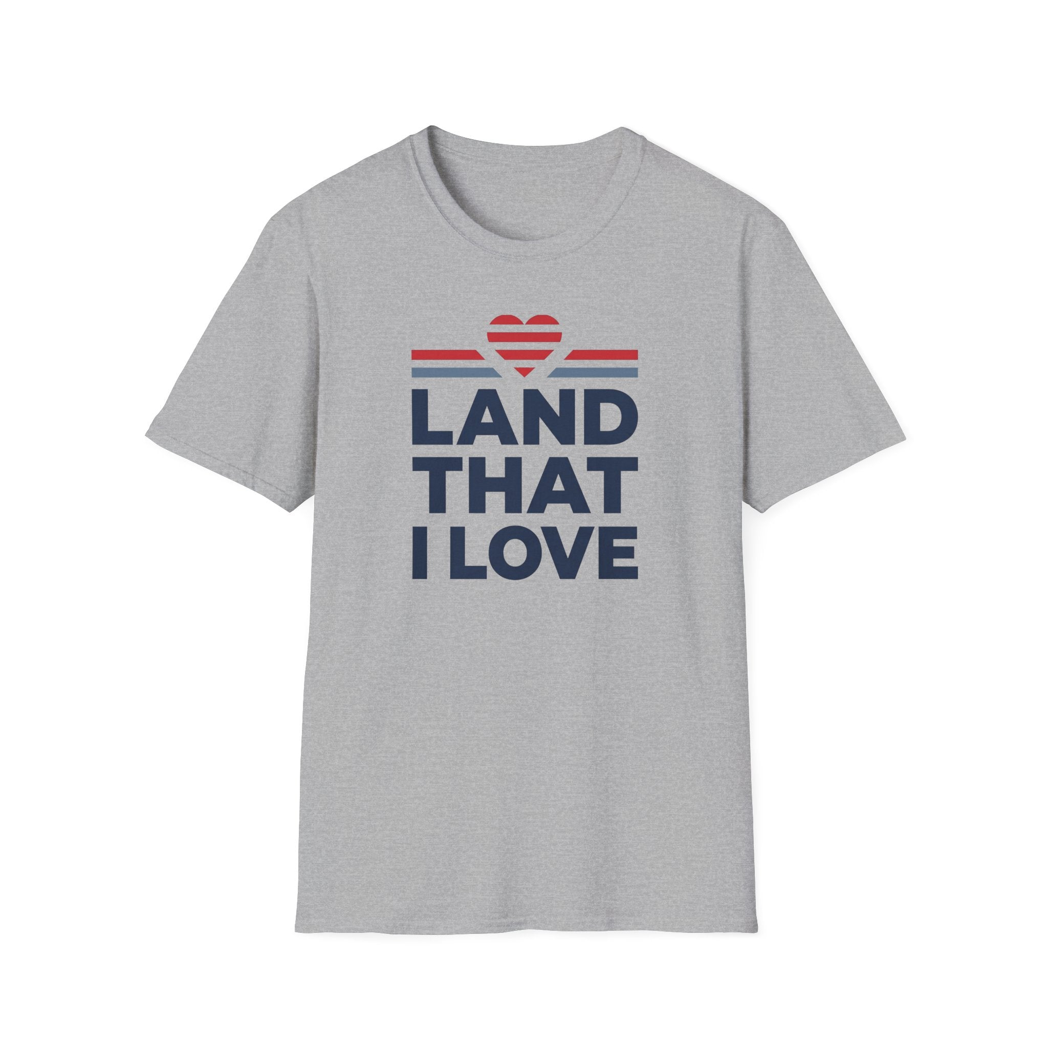 Gray T-shirt with “LAND THAT I LOVE” graphic, red heart above blue stripes, crew neck.