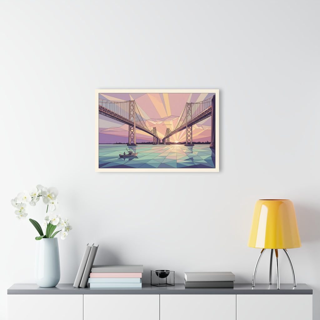 Small geometric bridge sunset acrylic wall art mounted on wall with frame