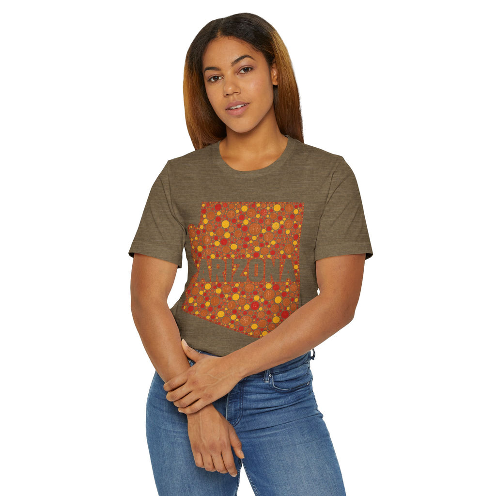 Brown crewneck T-shirt with orange ARIZONA graphic map pattern centered on chest