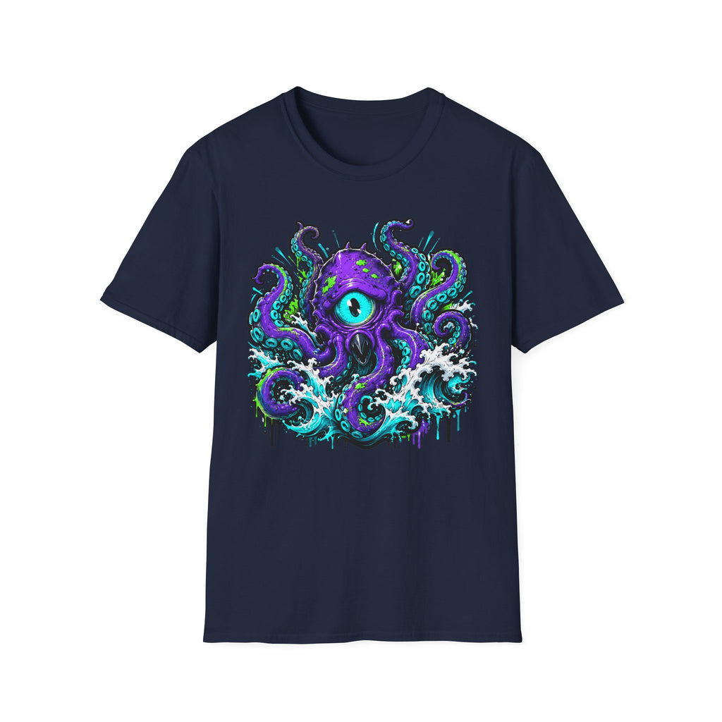 Navy graphic octopus monster T-shirt with purple eye tentacle design