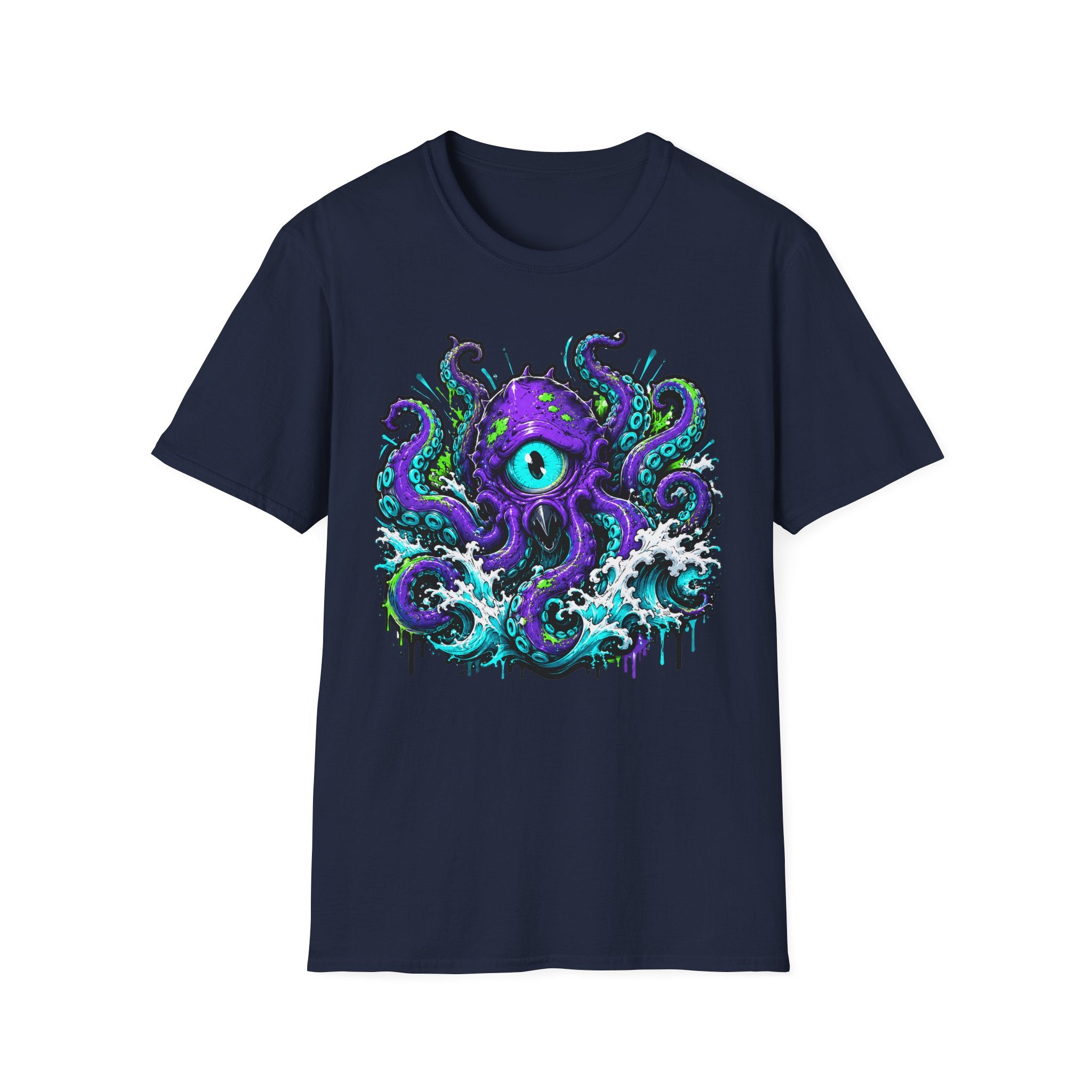 Navy graphic octopus monster T-shirt with purple eye tentacle design