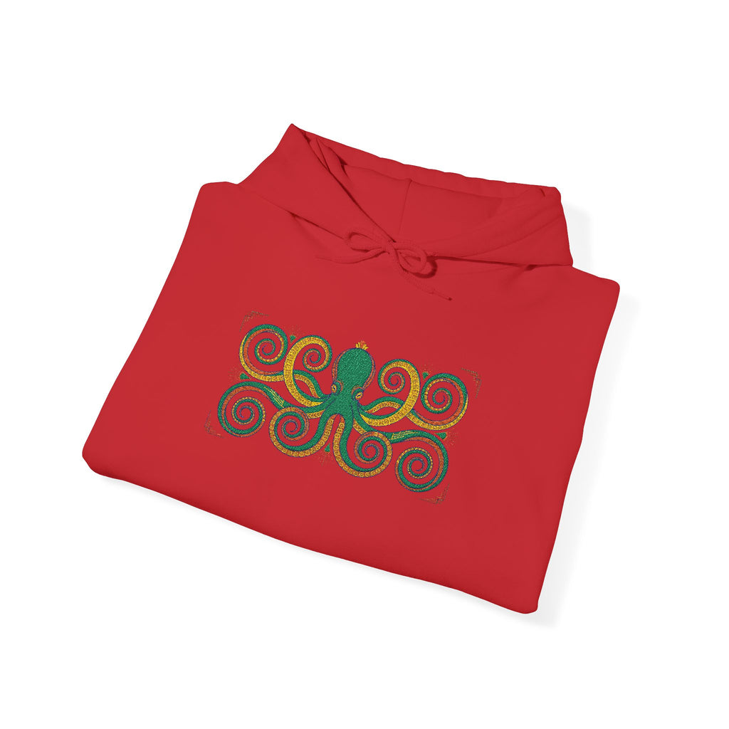 Red hoodie with colorful octopus spiral front graphic