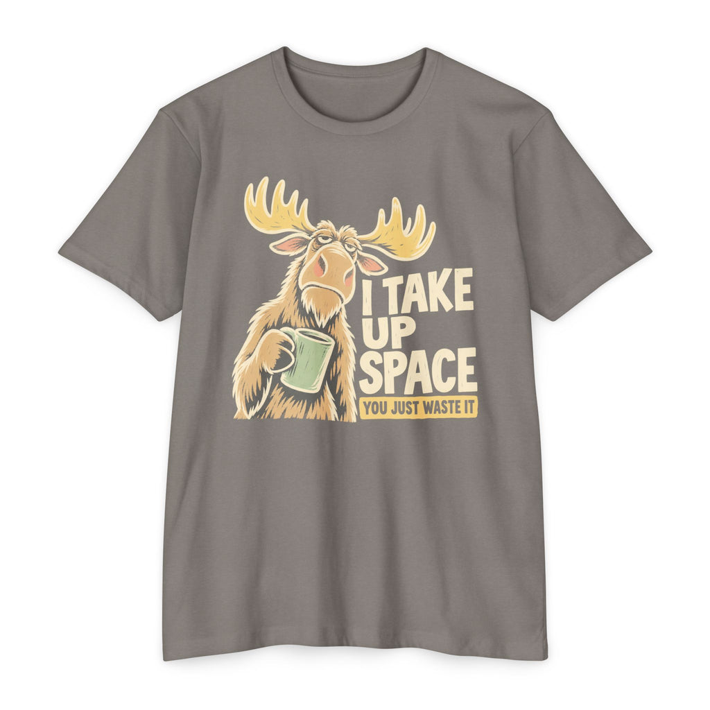 Moose graphic T-shirt in light gray with “I TAKE UP SPACE” print
