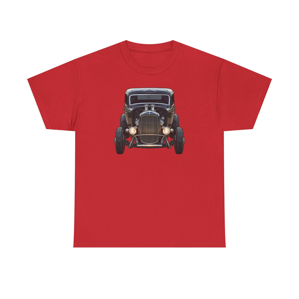 Red T-shirt with vintage hot rod car graphic on the chest